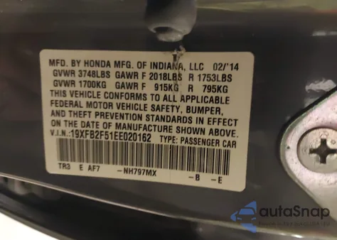 2014 Honda Civic Lx from USA, damaged, VIN 19XFB2F51EE020162